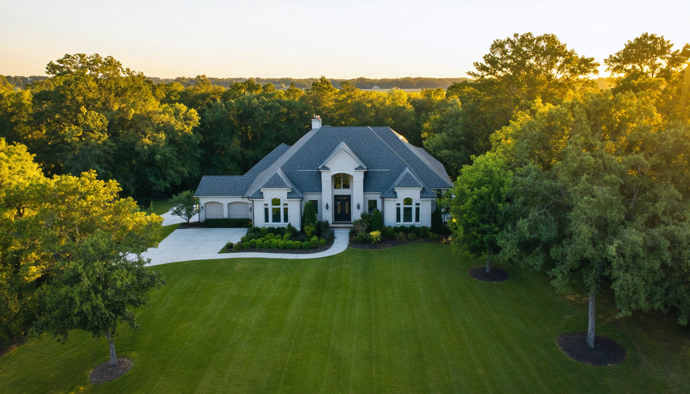 Aerial view of a completed residential asphalt shingle roof against a green Alabama lawn