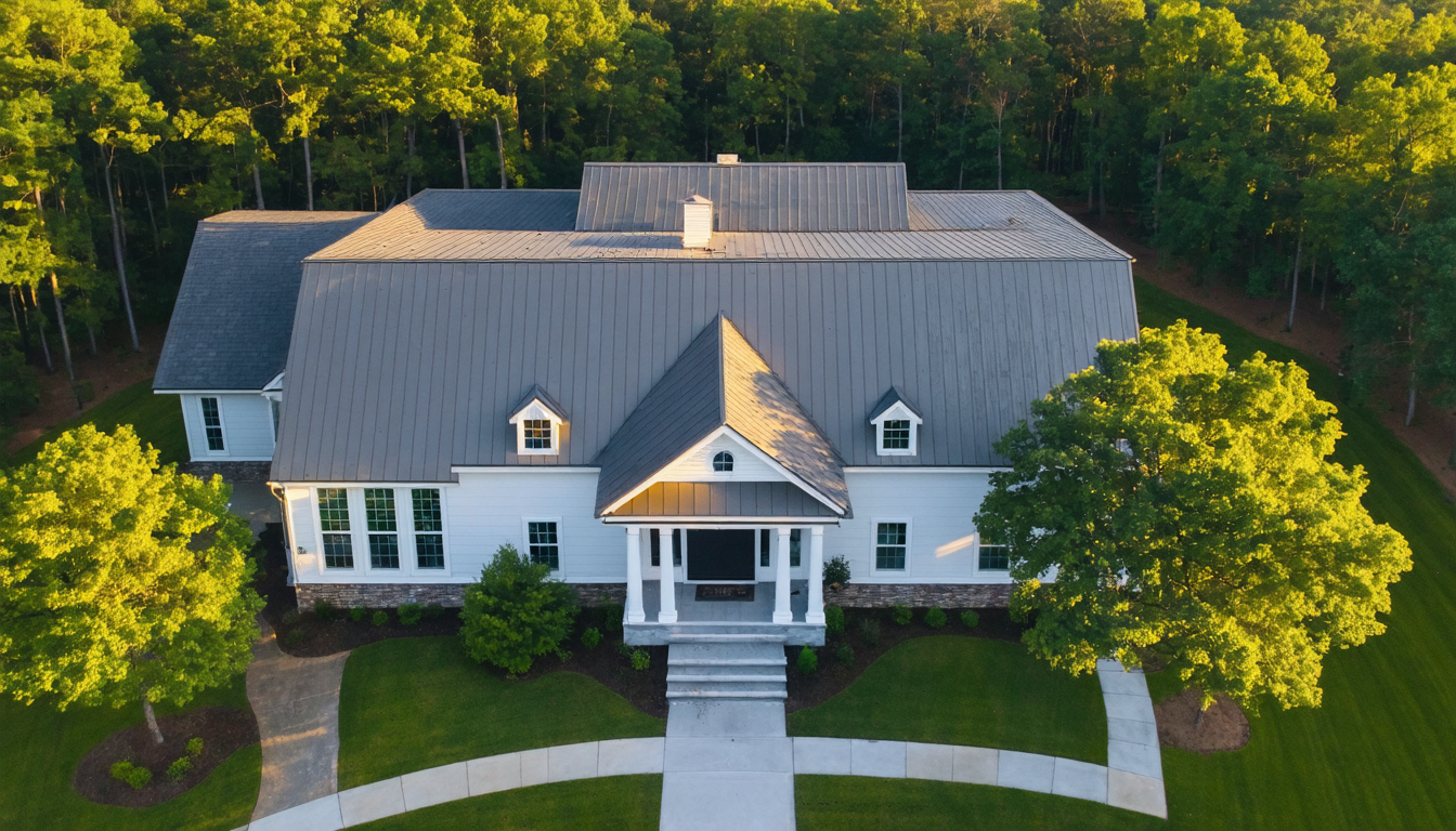 Aerial view of a completed residential metal roof against green lawn in Haleyville