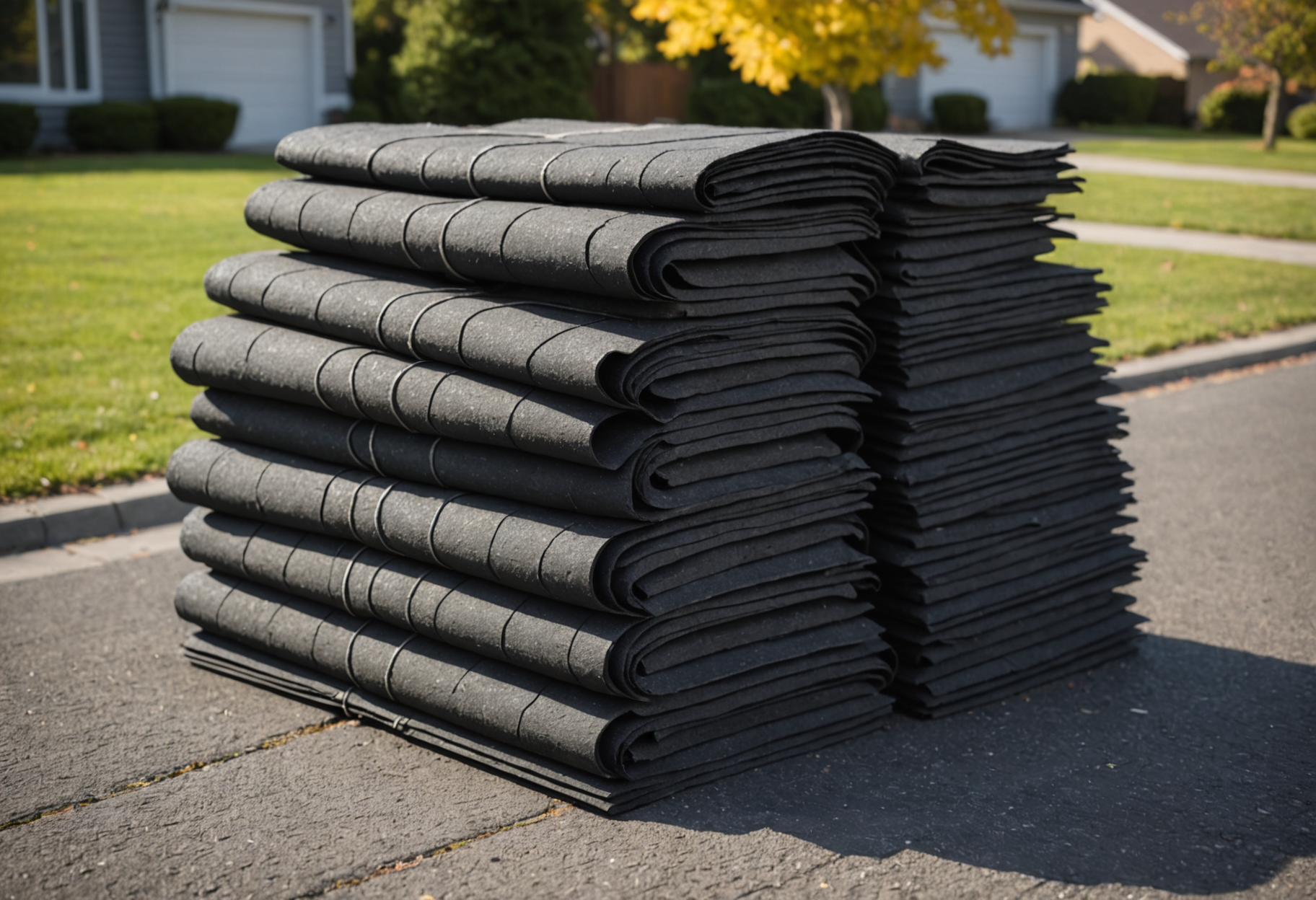 Stack of new asphalt shingle bundles staged on a driveway before a residential roof installation