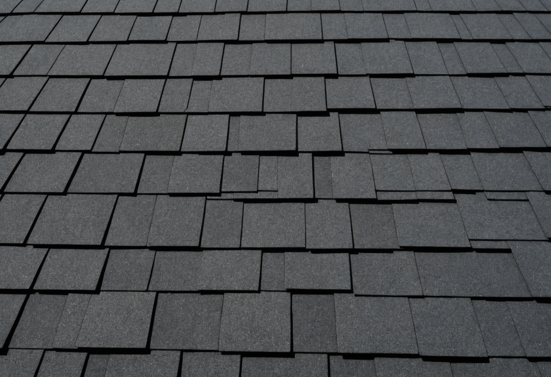 Close-up of neatly installed architectural asphalt shingles with strong afternoon sunlight