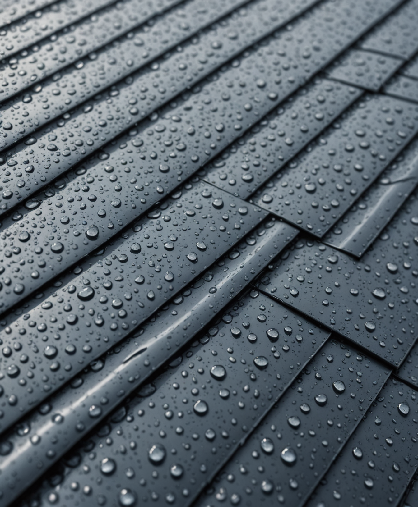 Rain beading off a tight standing seam metal roof surface
